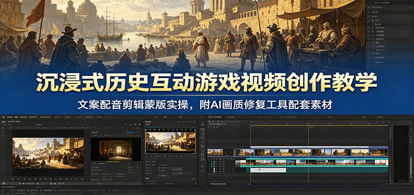 沉浸式历史互动游戏视频创作教程：文案配音剪辑蒙版实操，附AI画质修复工具配套素材-资源项目网