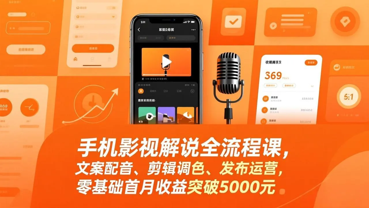 手机影视解说全流程课程：零基础首月收益突破5000元，文案配音、剪辑调色、发布运营技巧-资源项目网