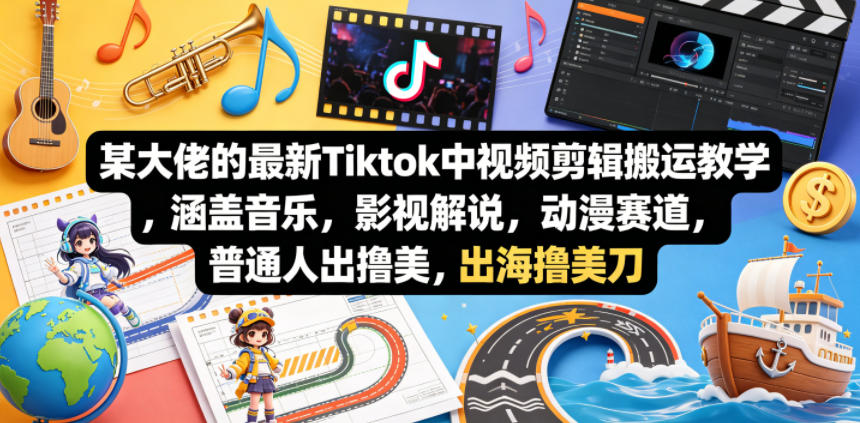 某大佬最新Tiktok视频剪辑搬运教程，涵盖音乐、影视解说、动漫赛道，普通人出海赚美元-资源项目网