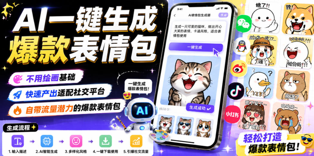AI一键生成爆款表情包,无需绘画基础,快速产出适配社交平台,自带流量潜力的爆款表情包-资源项目网