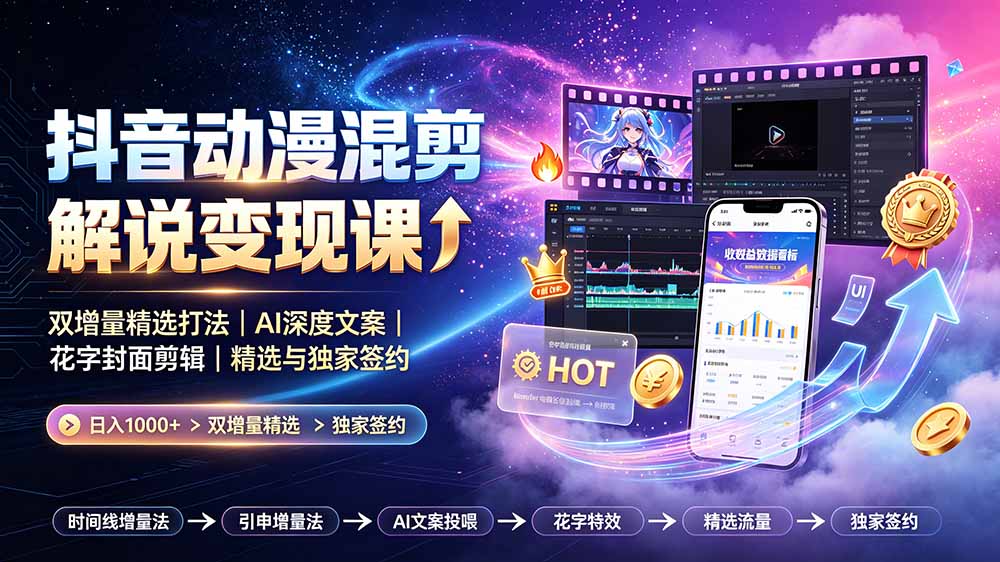 抖音动漫混剪解说变现课：AI文案花字封面剪辑技巧，日入1000+精选与独家签约-资源项目网
