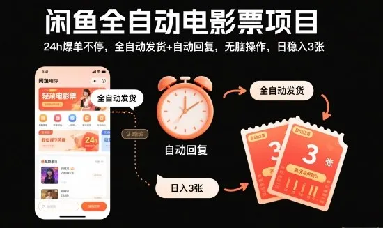 揭秘：闲鱼全自动电影票项目，24小时爆单不停，全自动发货+自动回复，无脑操作，日入3张【项目】-资源项目网