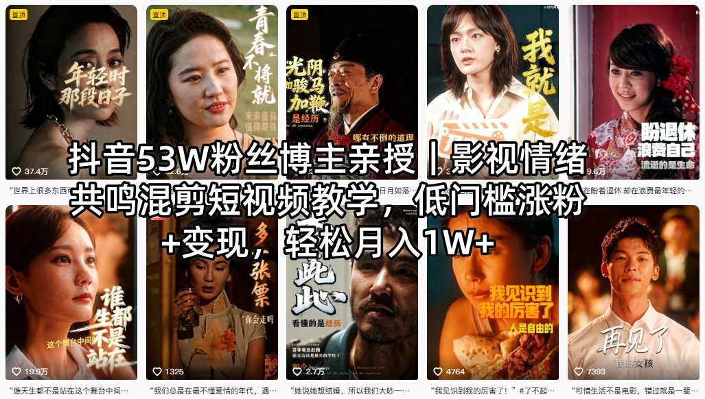 抖音53万粉丝博主分享影视情绪共鸣混剪短视频教学，低门槛涨粉+变现，轻松月入1W+-资源项目网