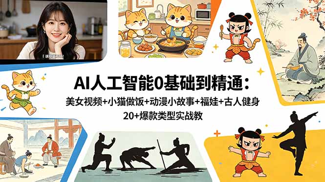 AI人工智能入门到精通：美女视频、小猫做饭、动漫小故事、福娃、古人健身，20+爆款类型实战教学-资源项目网