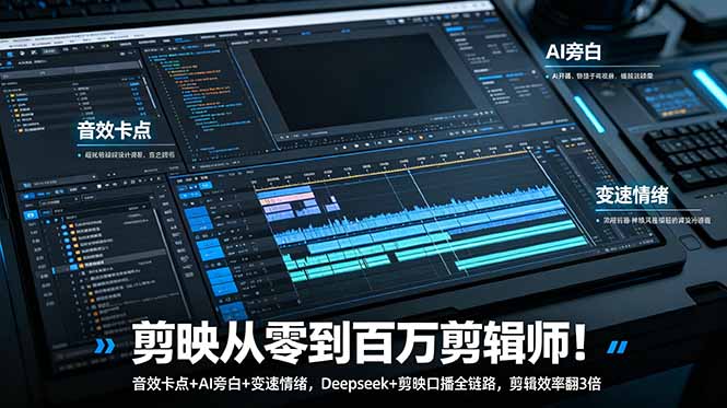 剪映:从零到百万剪辑师的高效秘诀,音效卡点、AI旁白、变速情绪一网打尽,Deepseek+剪映口播提升剪辑效率3倍-资源项目网