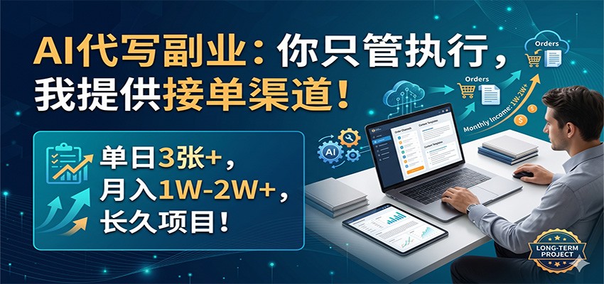 AI代写副业：接单渠道提供，日结3张+，月入1W-2W+，长期项目-资源项目网