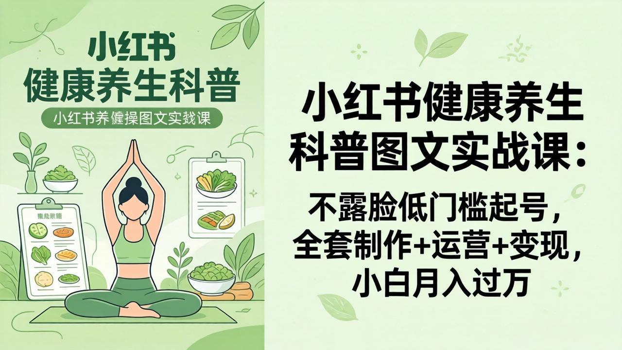 2026小红书健康养生科普实战课：低门槛起号，全套制作+运营+变现，小白月入过万-资源项目网