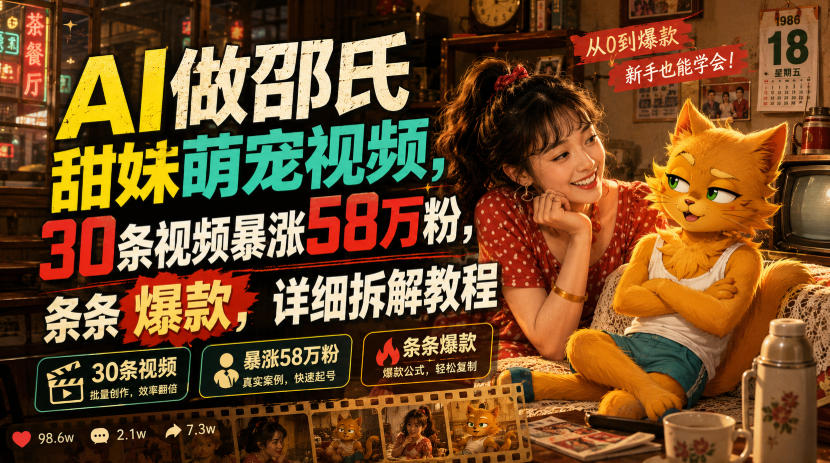 AI制作邵氏甜妹萌宠视频，30条爆红58万粉丝，揭秘爆款秘诀-资源项目网