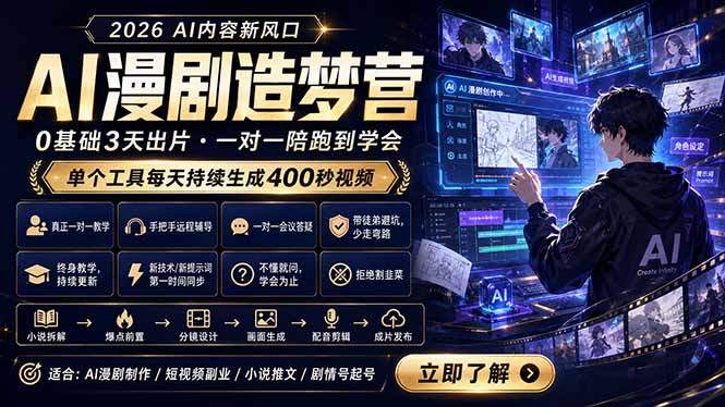 AI漫剧造梦营:0基础3天出片,单个工具每天持续生成400秒视频-资源项目网