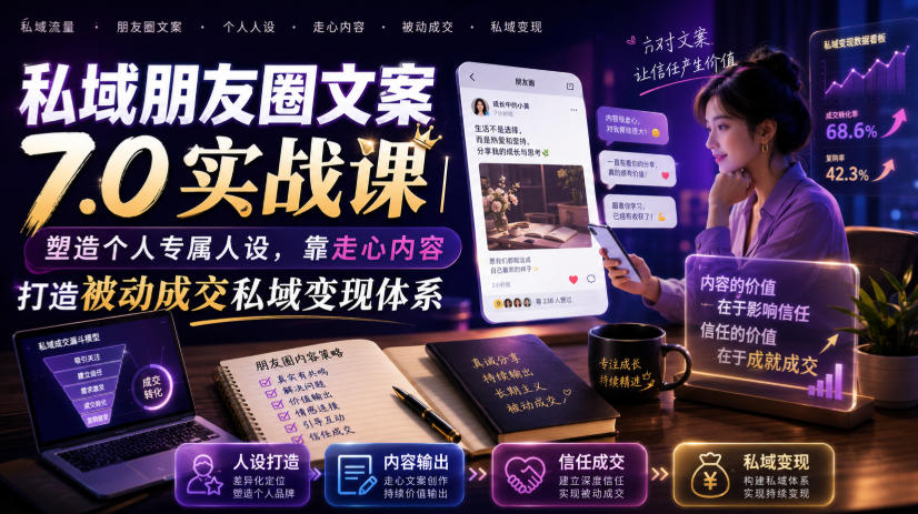 私域朋友圈文案7.0实战课:打造个人专属人设,通过走心内容实现被动成交与私域变现-资源项目网