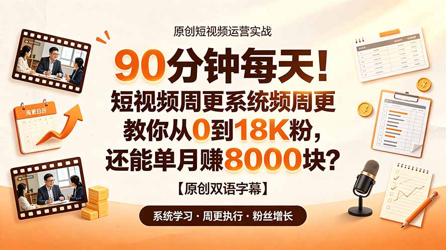 90分钟短视频周更系统：从0到18K粉丝，单月赚8000元？【原创双语字幕】-资源项目网