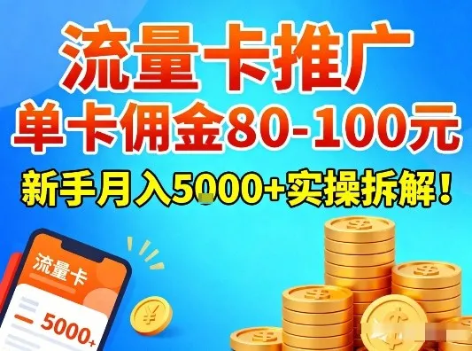 流量卡推广单卡佣金80-100，新手月入5k+实操拆解！-资源项目网
