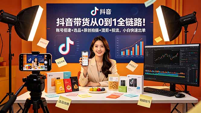 抖音带货全链路指南：从零到一的账号搭建、选品策略、原创拍摄技巧、混剪制作及高效投流，助力新手快速成交-资源项目网