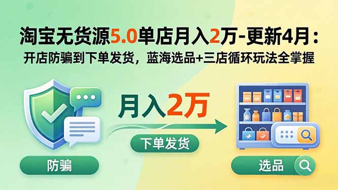淘宝无货源5.0单店月入2万-更新5月：开店防骗到下单发货，蓝海选品+三店循环玩法全掌握-资源项目网