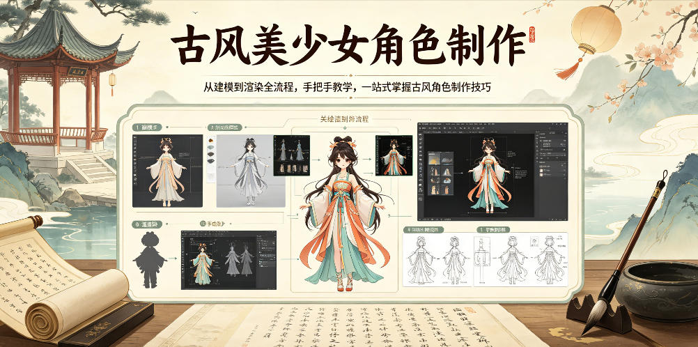 古风美少女角色制作教程：从建模到渲染全流程，手把手教学，一站式掌握古风角色制作技巧-资源项目网