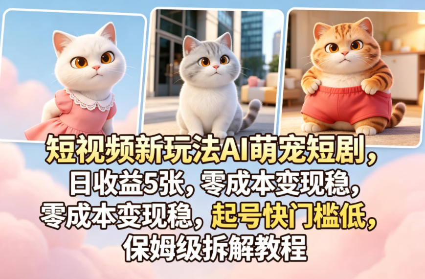 AI萌宠短剧短视频新玩法：日收益5张，零成本变现稳，保姆级教程起号快门槛低-资源项目网