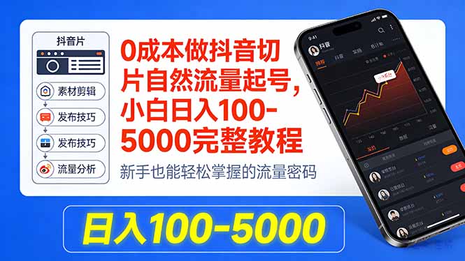 0成本抖音切片自然流量起号教程：小白日入100-5000完整指南-资源项目网