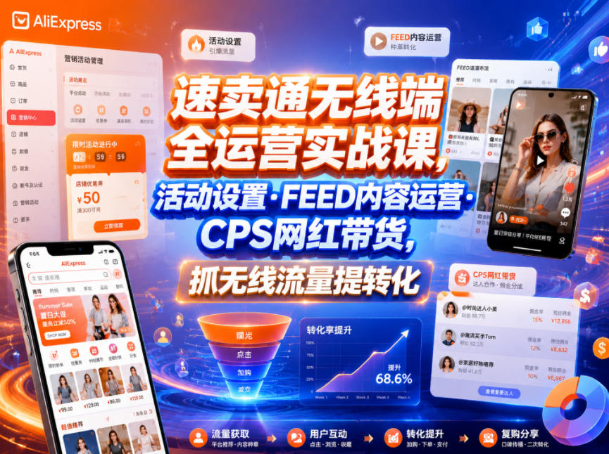 速卖通无线端全运营实战课程:活动设置、FEED内容运营与CPS网红带货技巧,提升无线流量和转化率-资源项目网
