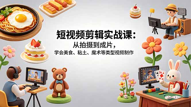 短视频剪辑实战课：从拍摄到成片，掌握美食、粘土、魔术等视频制作技巧-资源项目网
