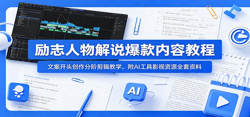 励志人物解说爆款内容教程：AI工具影视资源全套文案开头创作分阶剪辑教学-资源项目网