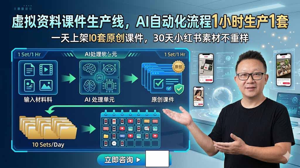 AI自动化虚拟资料课件生产线：1小时产出1套，30天更新10套原创课件，小红书素材每日不重样-资源项目网