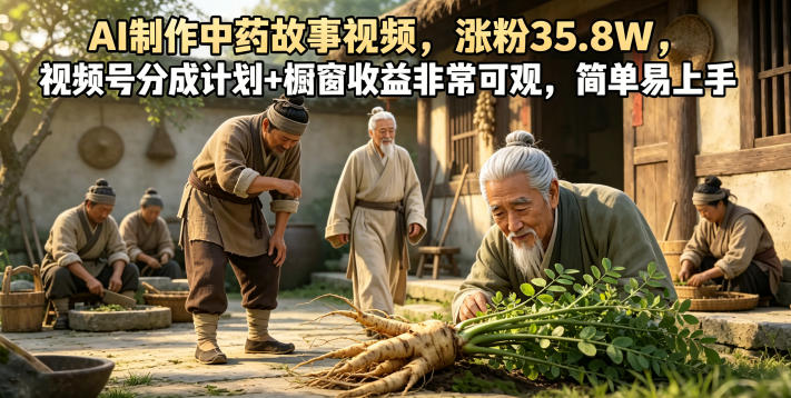 AI制作中药故事视频,涨粉35.8W,视频号分成计划+橱窗收益可观,简单易上手-资源项目网