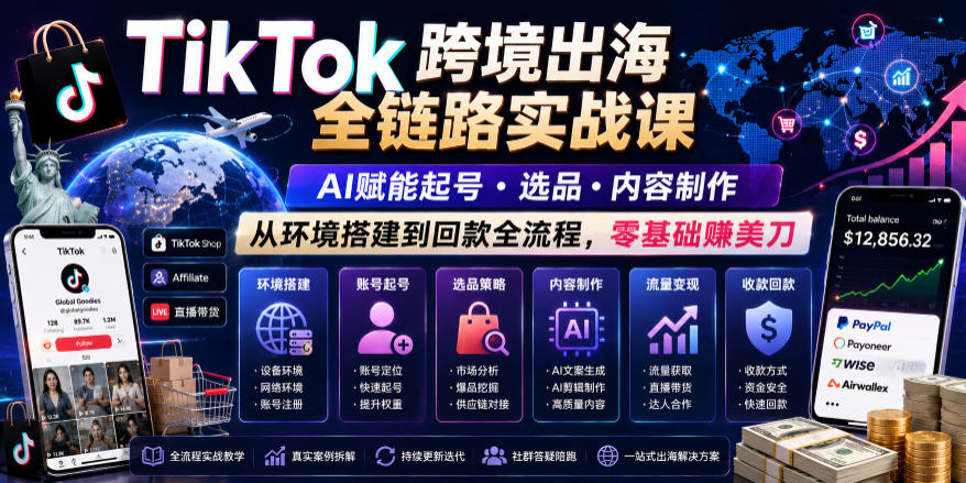 TikTok跨境出海全链路实战课程:零基础AI起号、选品与内容制作,掌握环境搭建到回款全流程-资源项目网