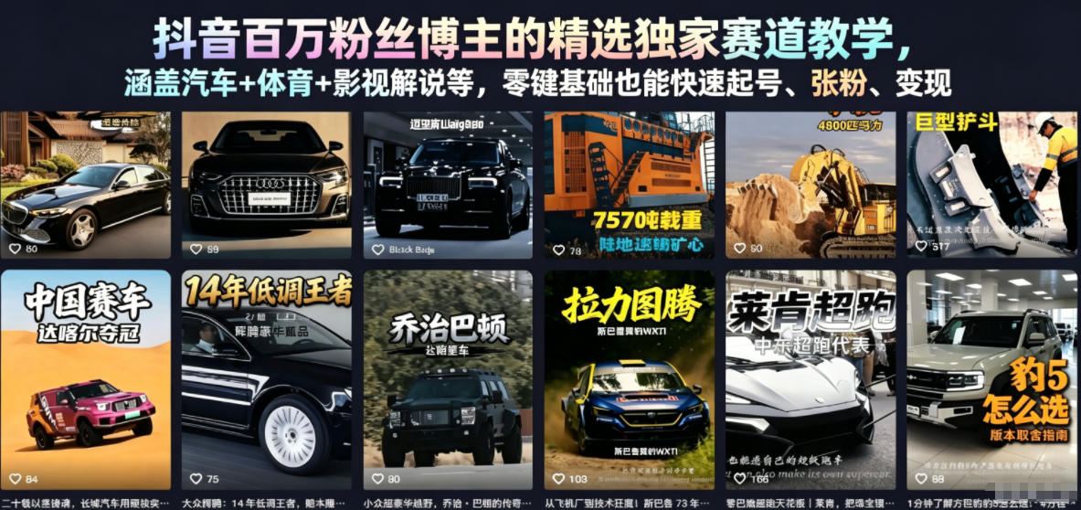 抖音百万粉丝博主独家赛道教学：汽车、体育、影视解说，零基础快速起号、涨粉、变现-资源项目网