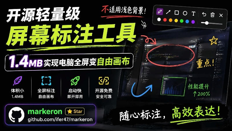 1.4MB开源轻量级屏幕标注工具，电脑全屏变自由画布！支持8种标注工具和全键盘操控MarkerOn-资源项目网