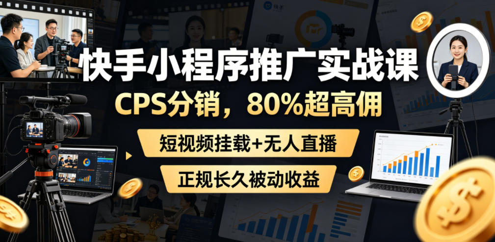 快手小程序推广实战课:CPS分销,80%超高佣金,短视频挂载+无人直播,正规长久被动收益-资源项目网