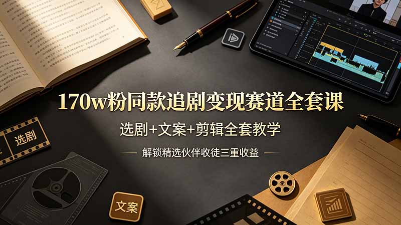 170万粉丝博主同款追剧变现课程，选剧、文案、剪辑全套教学，解锁精选伙伴收徒三重收益-资源项目网