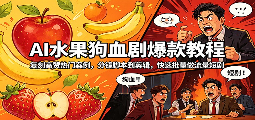 AI水果狗血剧爆款教程：复刻高赞热门案例，分镜脚本到剪辑，快速批量制作流量短剧-资源项目网