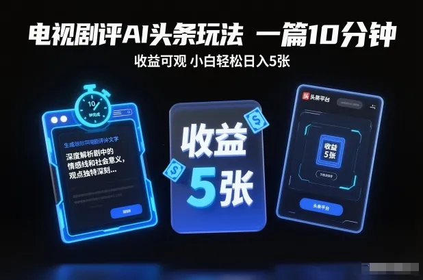 电视剧评AI头条玩法，10分钟收益可观，小白轻松日入5张+【独家】-资源项目网