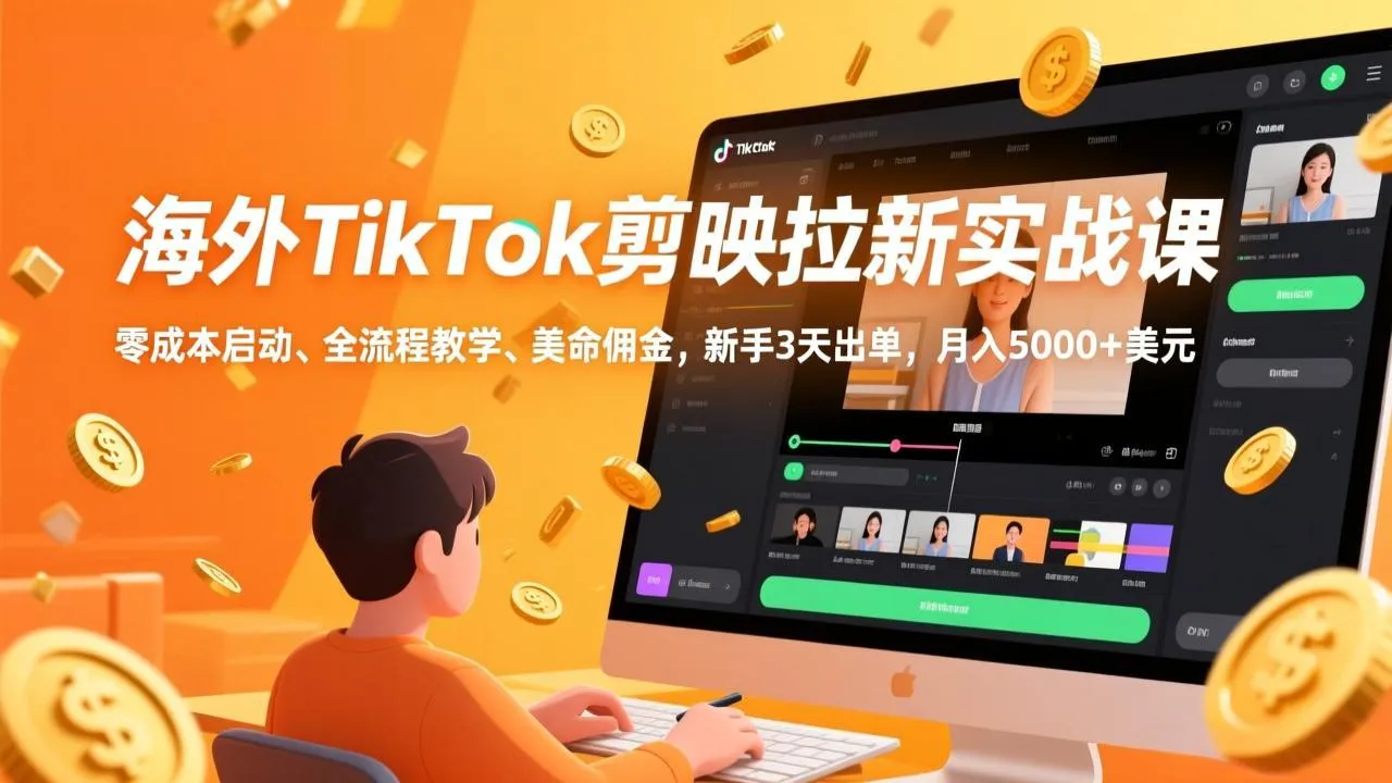 TikTok剪映拉新实战课：零成本启动，全流程教学，美金佣金，新手3天出单，月入5000美元+-资源项目网