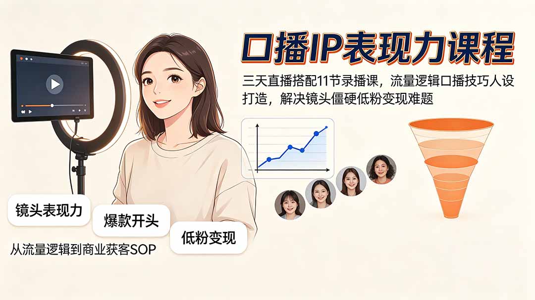 口播IP表现力提升课程:三天直播+11节录播,流量逻辑、口播技巧与人设打造,解决镜头僵硬和低粉丝变现问题-资源项目网