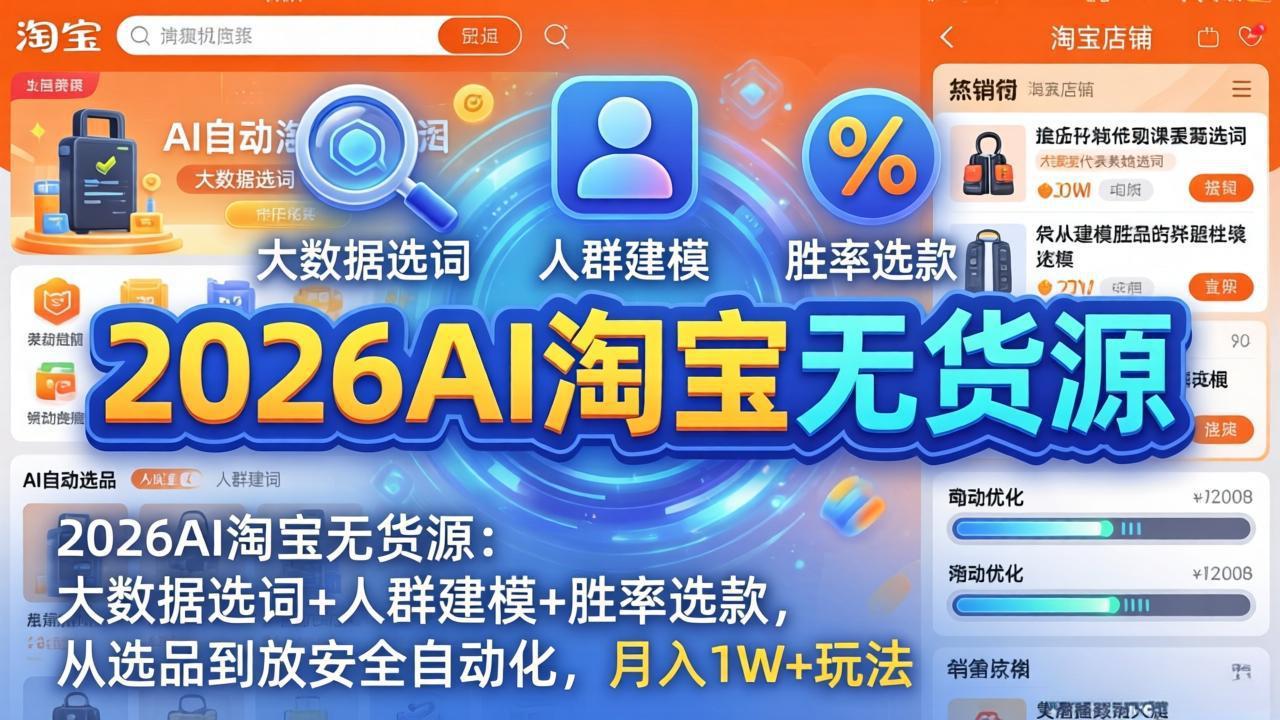 2026AI淘宝无货源：4月更新，大数据选词、人群建模、胜率选款，自动化选品至盈利，月入1W+策略-资源项目网