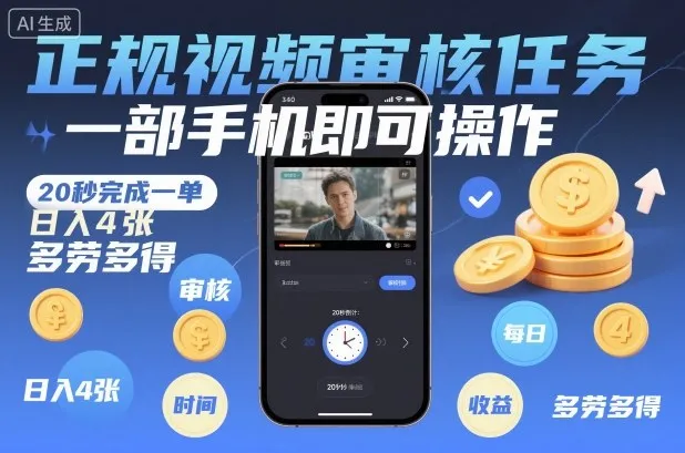手机操作视频审核,20秒完成一单,日入4张,多劳多得【揭秘】-资源项目网