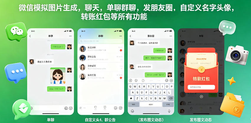 微信模拟图片生成、聊天、单聊群聊、发朋友圈、自定义名字头像、转账红包等所有功能都可以生成-资源项目网