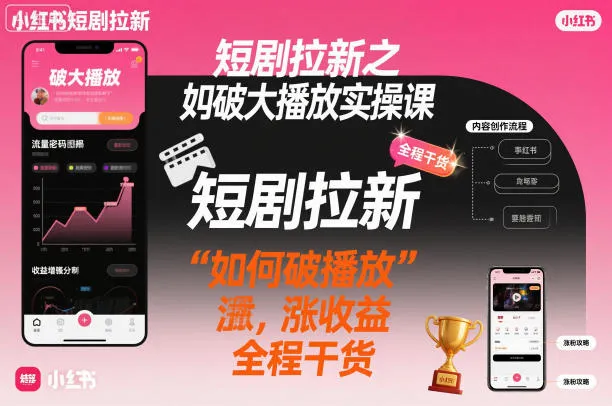 小红书短剧拉新实操课:破播放、涨收益,全程干货分享-资源项目网