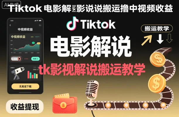 Tiktok电影解说搬运教程,中视频收益技巧-资源项目网
