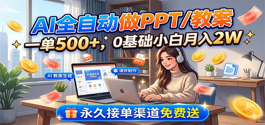 AI自动制作PPT/教案，月入2万+，0基础小白，永久接单渠道免费送-资源项目网