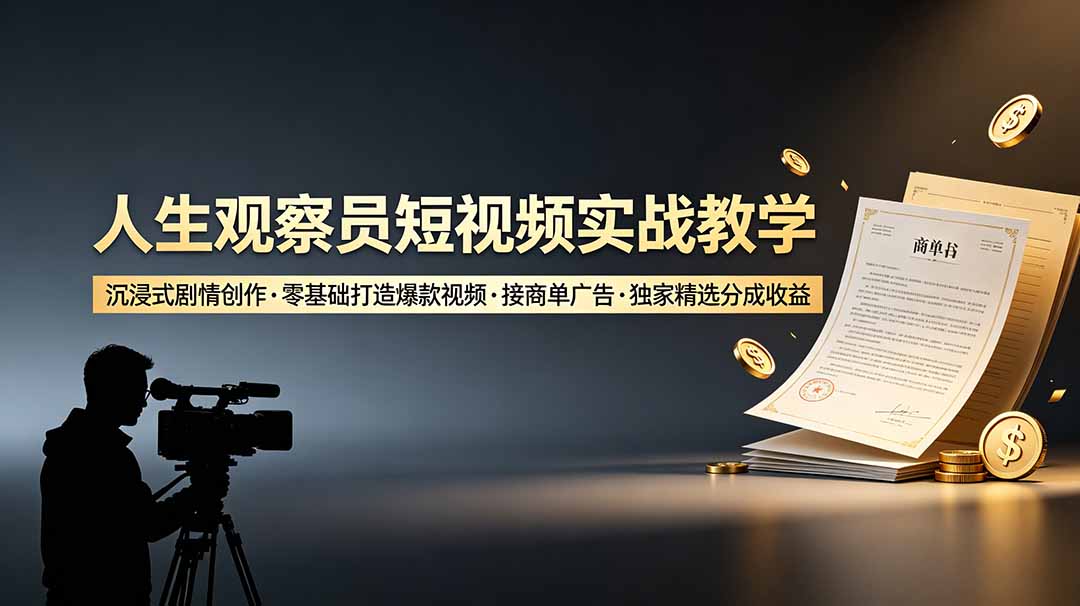 人生观察员短视频实战教学：零基础打造爆款视频，接商单广告，独家精选分成收益-资源项目网