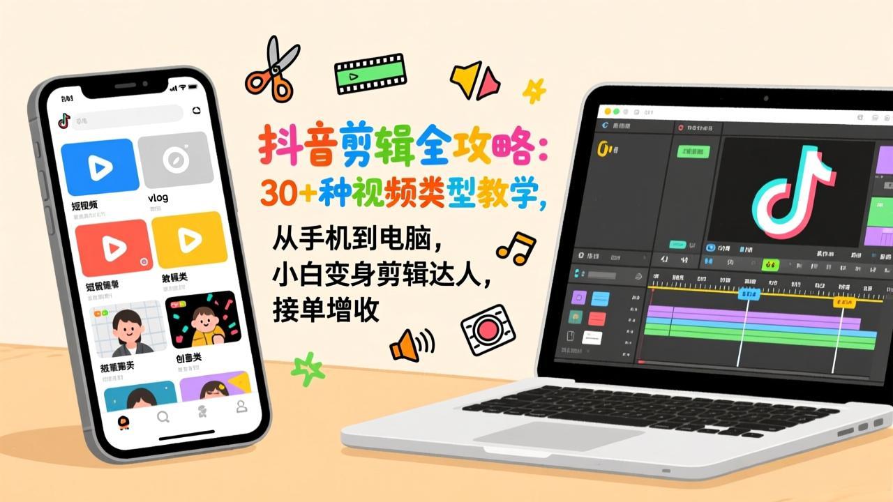 抖音视频剪辑全攻略:30+种视频类型教学,手机电脑操作,小白变达人,接单增收-资源项目网