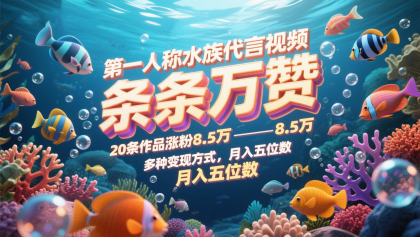 第一人称水族代言视频，条条万赞，20条作品涨粉8.5万，多种变现方式月，入五位数-资源项目网