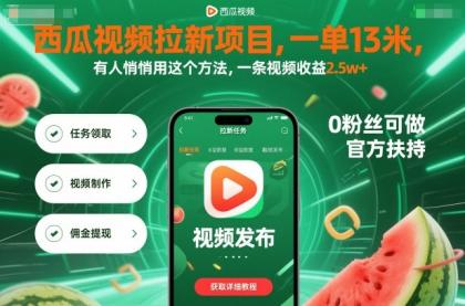 西瓜视频新用户招募，单条视频收益破2.5万！揭秘高效赚钱法-资源项目网