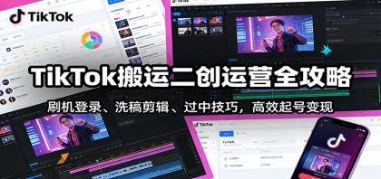 TikTok搬运二创运营全攻略：刷机登录、洗稿剪辑、过中技巧，高效起号变现-资源项目网
